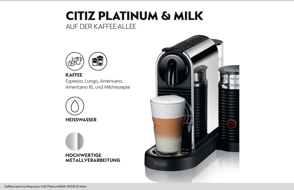 De'Longhi Kaffeemaschine Nespresso CitiZ Platinum&Milk EN330.M Silber