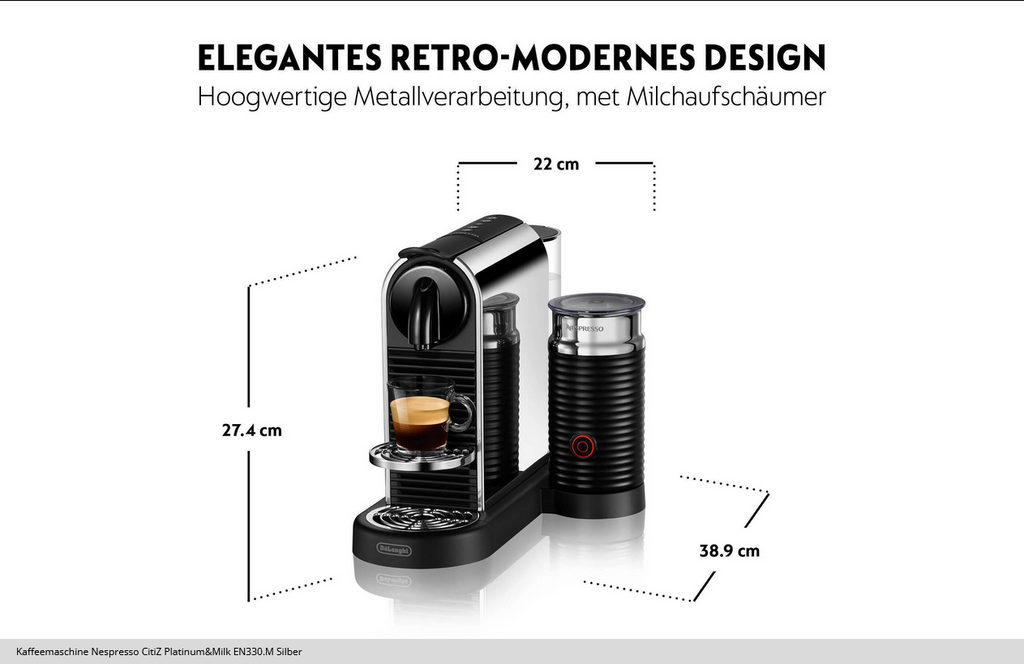 De'Longhi Kaffeemaschine Nespresso CitiZ Platinum&Milk EN330.M Silber